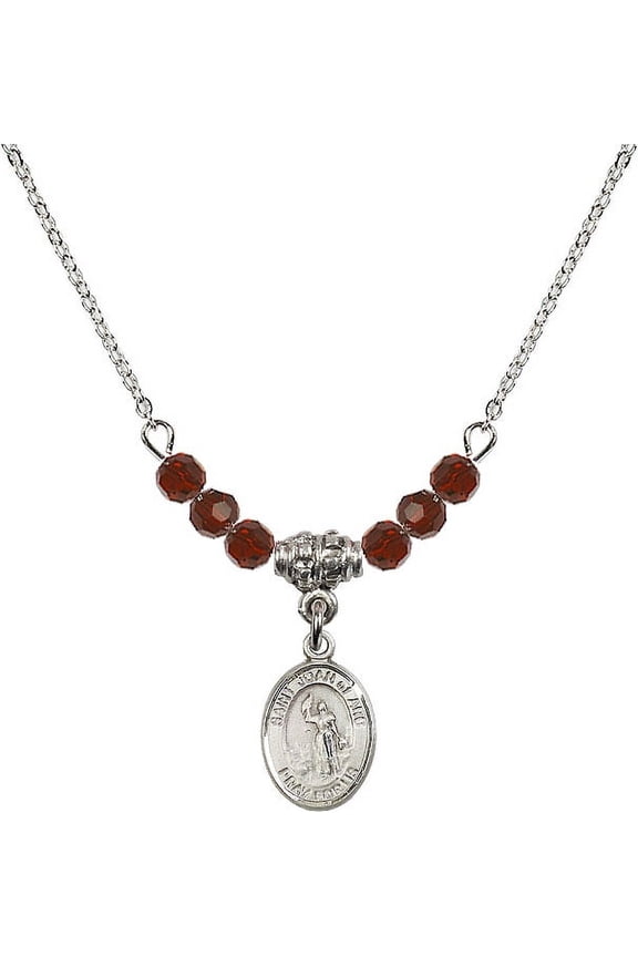 18-Inch Rhodium Plated Necklace with 4mm Red January Birth Month Stone Beads and Saint Joan of Arc Charm