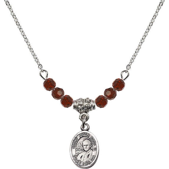 18-Inch Rhodium Plated Necklace with 4mm Red January Birth Month Stone Beads and Saint John Paul II Charm