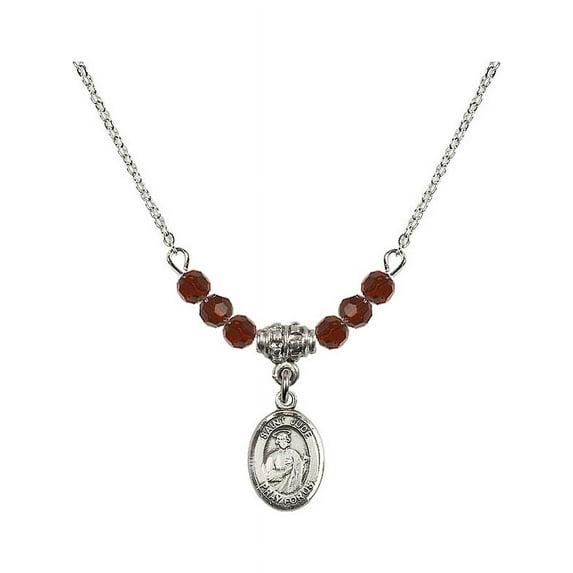 18-Inch Rhodium Plated Necklace with 4mm Red January Birth Month Stone Beads and Saint Jude Thaddeus Charm