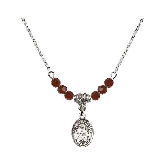 18-Inch Rhodium Plated Necklace with 4mm Red January Birth Month Stone Beads and Saint Julie Billiart Charm