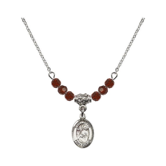 18-Inch Rhodium Plated Necklace with 4mm Red January Birth Month Stone Beads and Saint Kevin Charm
