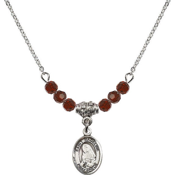 18-Inch Rhodium Plated Necklace with 4mm Red January Birth Month Stone Beads and Saint Madeline Sophie Barat Charm