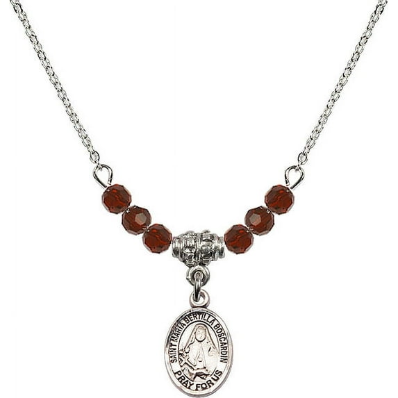 18-Inch Rhodium Plated Necklace with 4mm Red January Birth Month Stone Beads and Saint Maria Bertilla Boscardin Charm