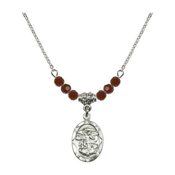 18-Inch Rhodium Plated Necklace with 4mm Red January Birth Month Stone Beads and Saint Michael the Archangel Charm