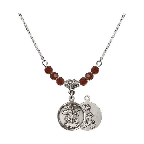 18-Inch Rhodium Plated Necklace with 4mm Red January Birth Month Stone Beads and Saint Michael the Archangel Charm