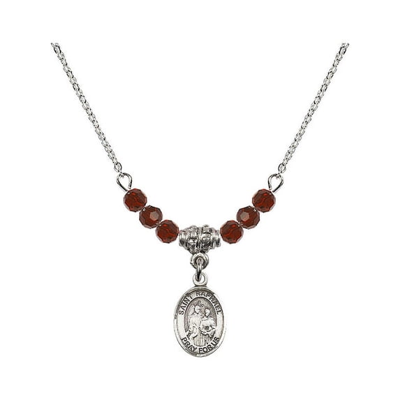18-Inch Rhodium Plated Necklace with 4mm Red January Birth Month Stone Beads and Saint Raphael the Archangel Charm
