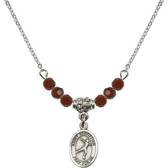 18-Inch Rhodium Plated Necklace with 4mm Red January Birth Month Stone Beads and Saint Sebastian/Figure Skating Charm