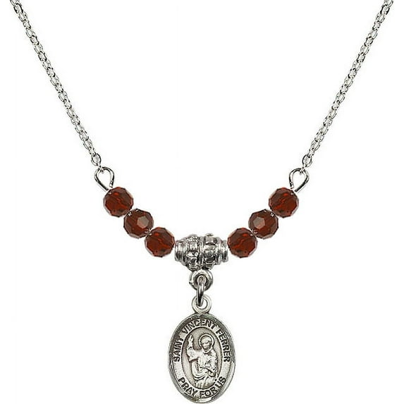 18-Inch Rhodium Plated Necklace with 4mm Red January Birth Month Stone Beads and Saint Vincent Ferrer Charm