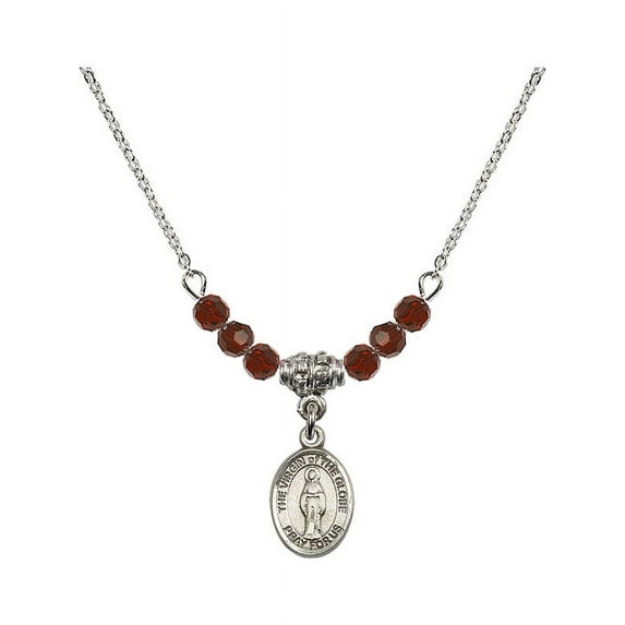 18-Inch Rhodium Plated Necklace with 4mm Red January Birth Month Stone Beads and Virgin of the Globe Charm