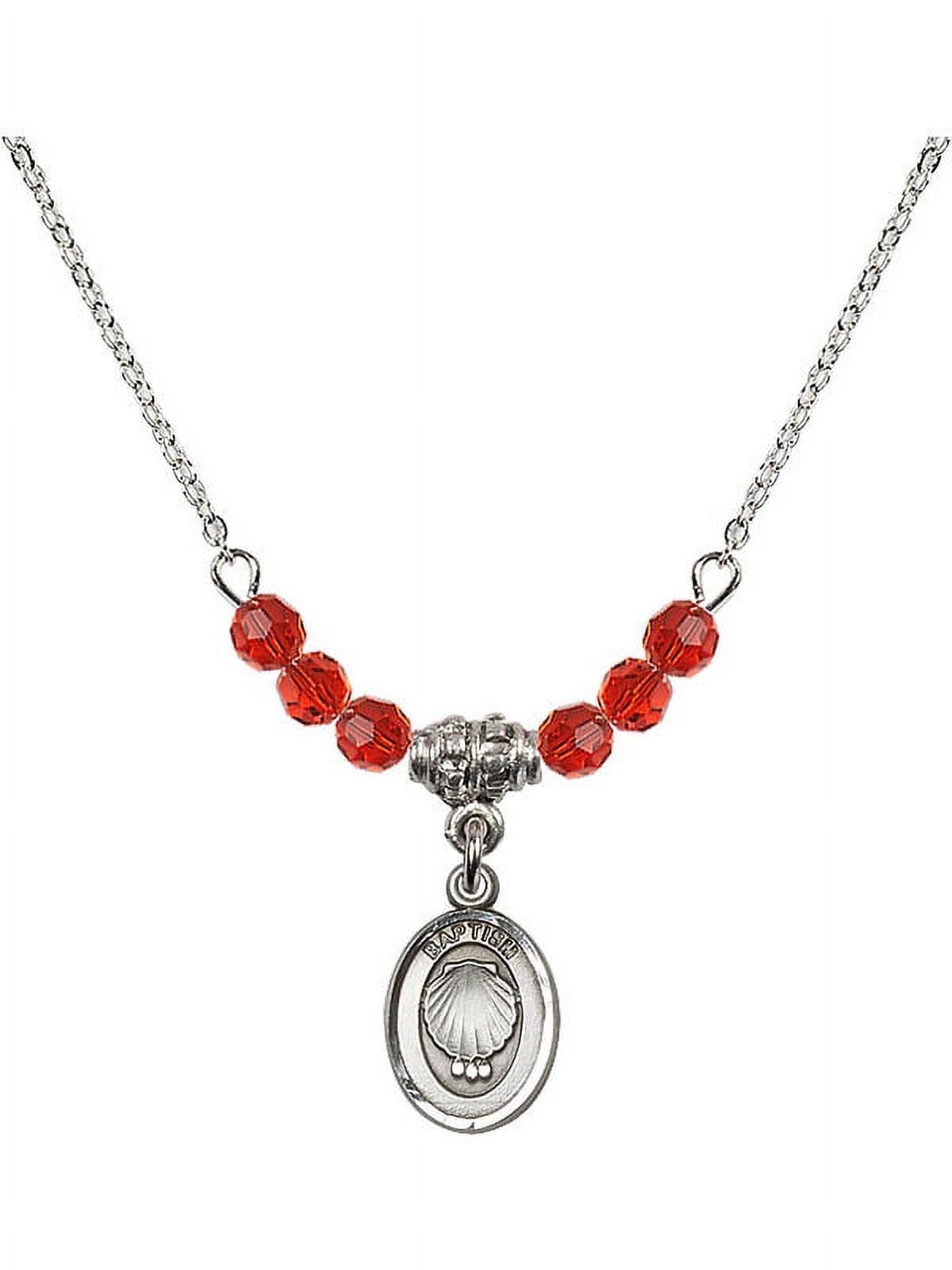 18-Inch Rhodium Plated Necklace with 4mm Red July Birth Month Stone Beads and Baptism Charm