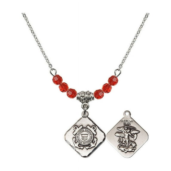 18-Inch Rhodium Plated Necklace with 4mm Red July Birth Month Stone Beads and Coast Guard Diamond Charm
