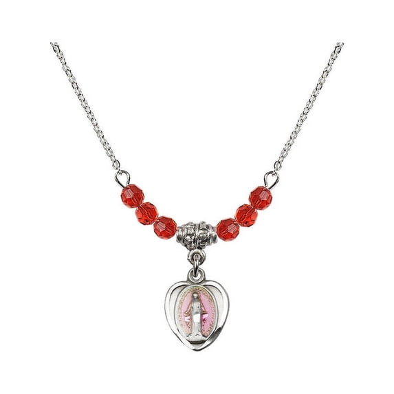 18-Inch Rhodium Plated Necklace with 4mm Red July Birth Month Stone Beads and Miraculous Charm