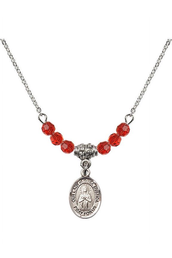18-Inch Rhodium Plated Necklace with 4mm Red July Birth Month Stone Beads and Our Lady of Rosa Mystica Charm