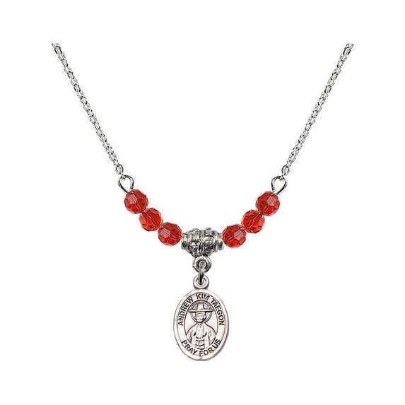 18-Inch Rhodium Plated Necklace with 4mm Red July Birth Month Stone Beads and Saint Andrew Kim Taegon Charm