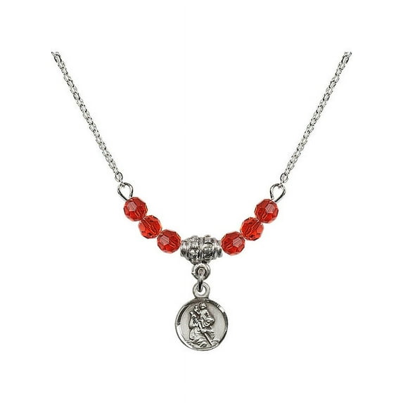 18-Inch Rhodium Plated Necklace with 4mm Red July Birth Month Stone Beads and Saint Christopher Charm