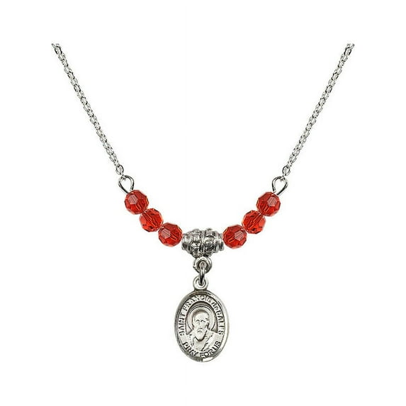18-Inch Rhodium Plated Necklace with 4mm Red July Birth Month Stone Beads and Saint Francis de Sales Charm