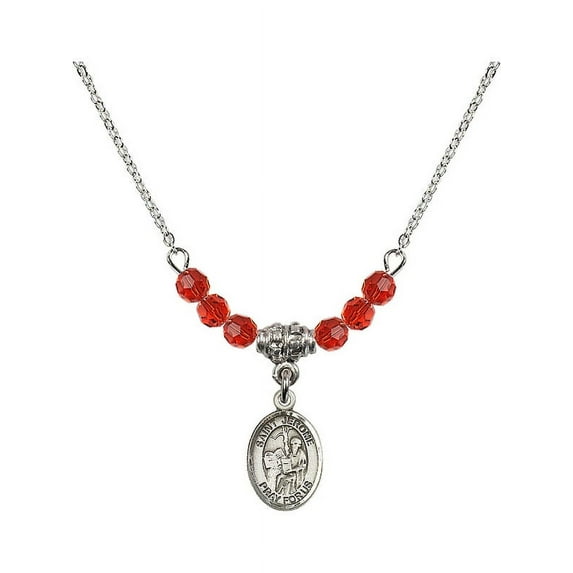 18-Inch Rhodium Plated Necklace with 4mm Red July Birth Month Stone Beads and Saint Jerome Charm
