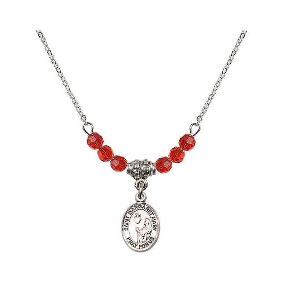 18-Inch Rhodium Plated Necklace with 4mm Red July Birth Month Stone Beads and Saint Margaret Mary Alacoque Charm