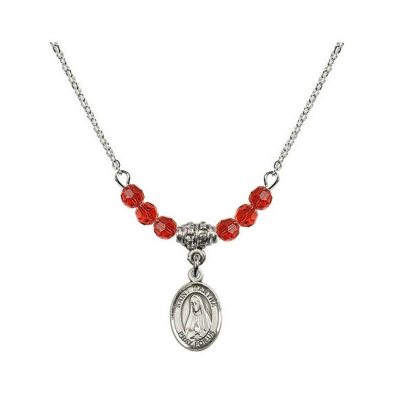 18-Inch Rhodium Plated Necklace with 4mm Red July Birth Month Stone Beads and Saint Martha Charm