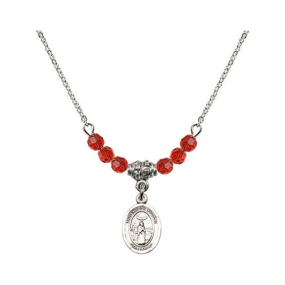 18-Inch Rhodium Plated Necklace with 4mm Red July Birth Month Stone Beads and Saint Medard of Noyon Charm