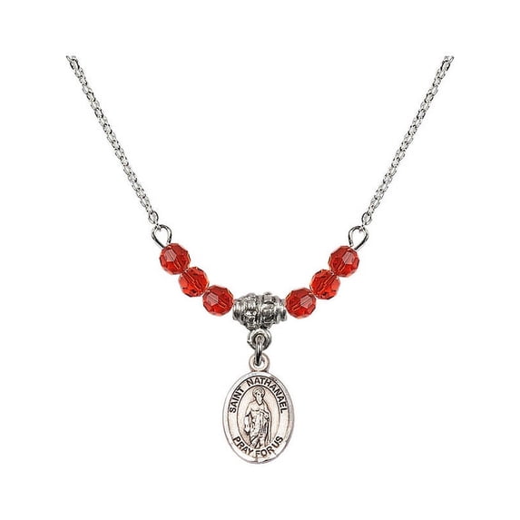18-Inch Rhodium Plated Necklace with 4mm Red July Birth Month Stone Beads and Saint Nathanael Charm