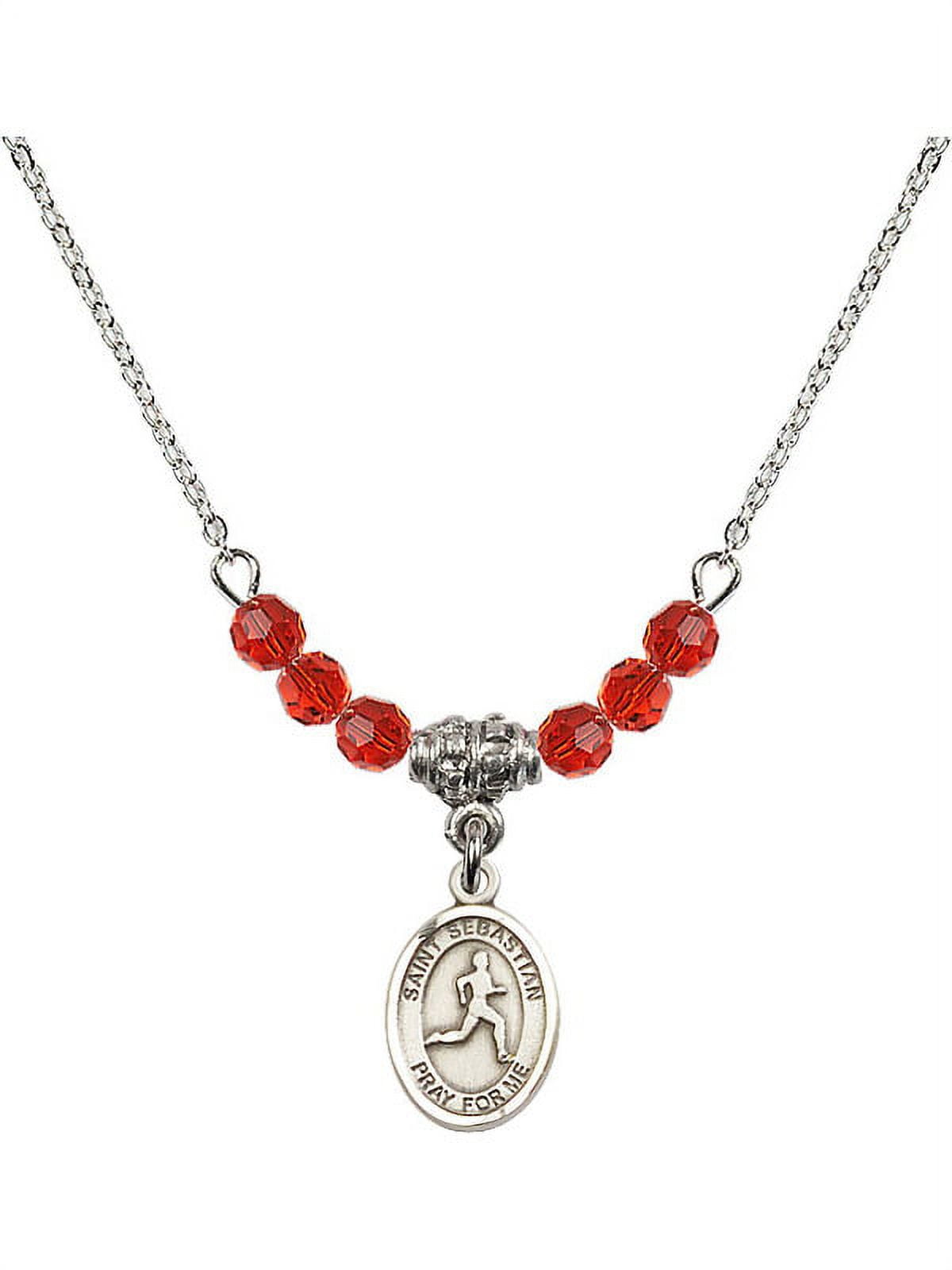 18-Inch Rhodium Plated Necklace with 4mm Red July Birth Month Stone Beads and Saint Sebastian/Track & Field Charm