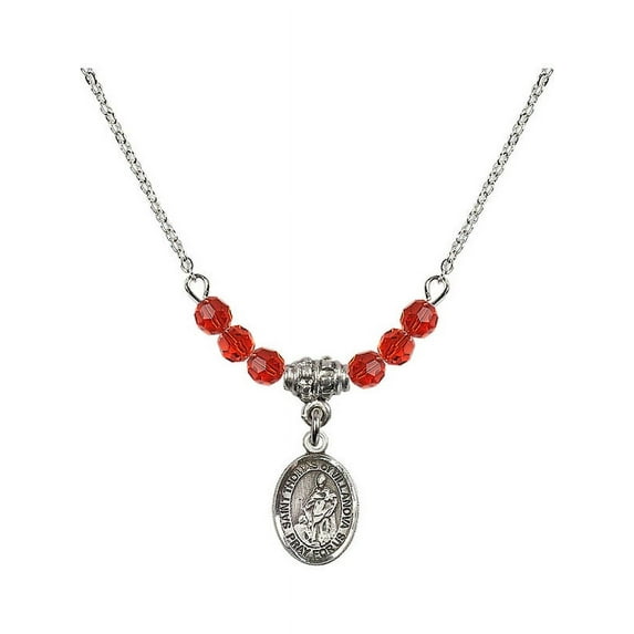 18-Inch Rhodium Plated Necklace with 4mm Red July Birth Month Stone Beads and Saint Thomas of Villanova Charm