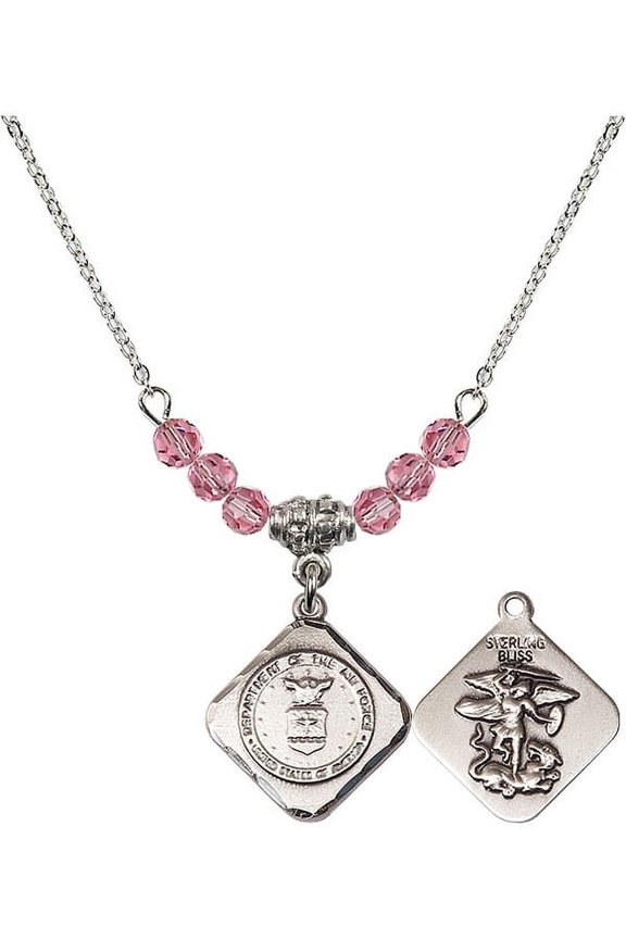 18-Inch Rhodium Plated Necklace with 4mm Rose Pink October Birth Month Stone Beads and Air Force Diamond Charm