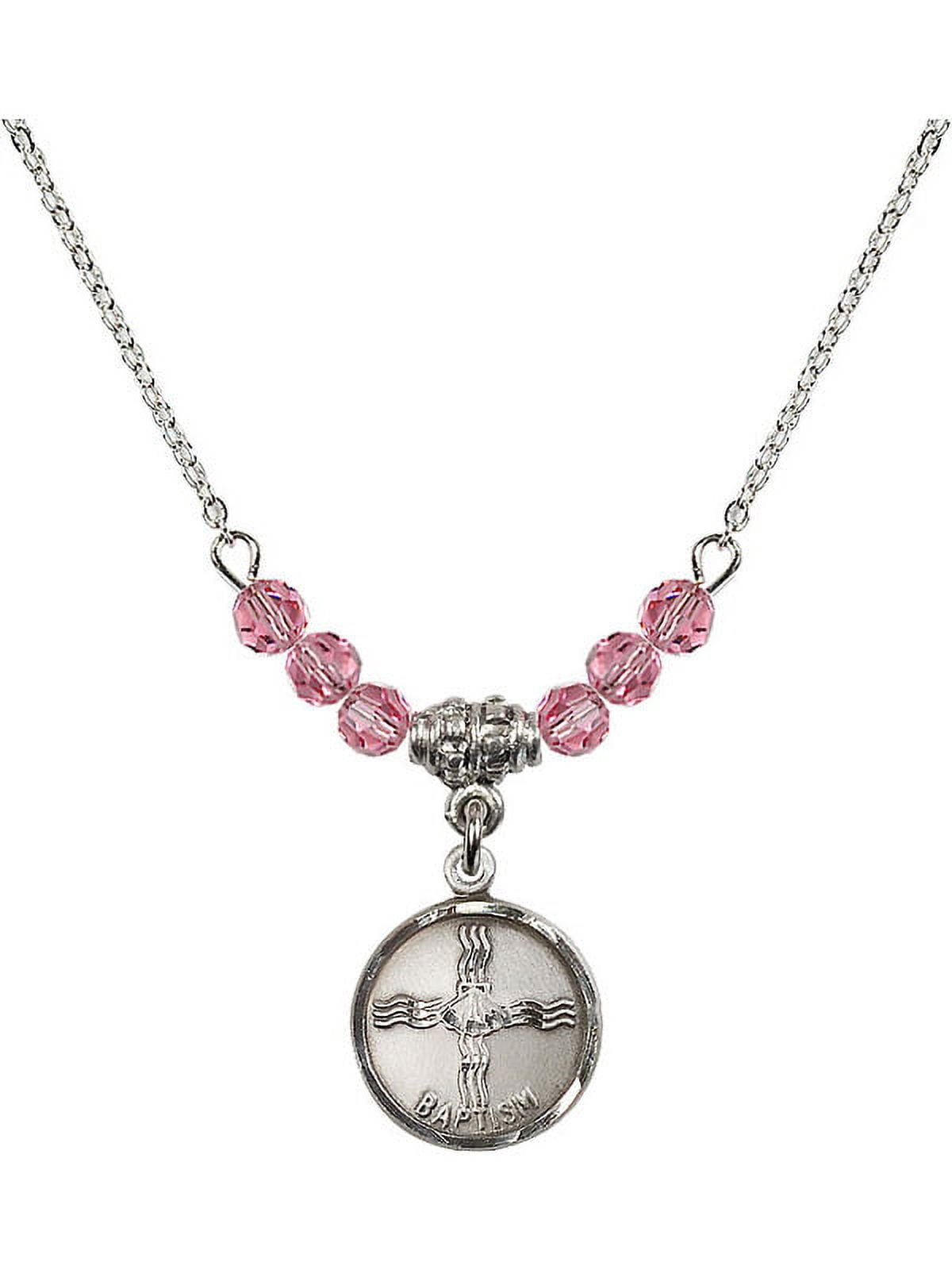 18-Inch Rhodium Plated Necklace with 4mm Rose Pink October Birth Month Stone Beads and Baptism Charm
