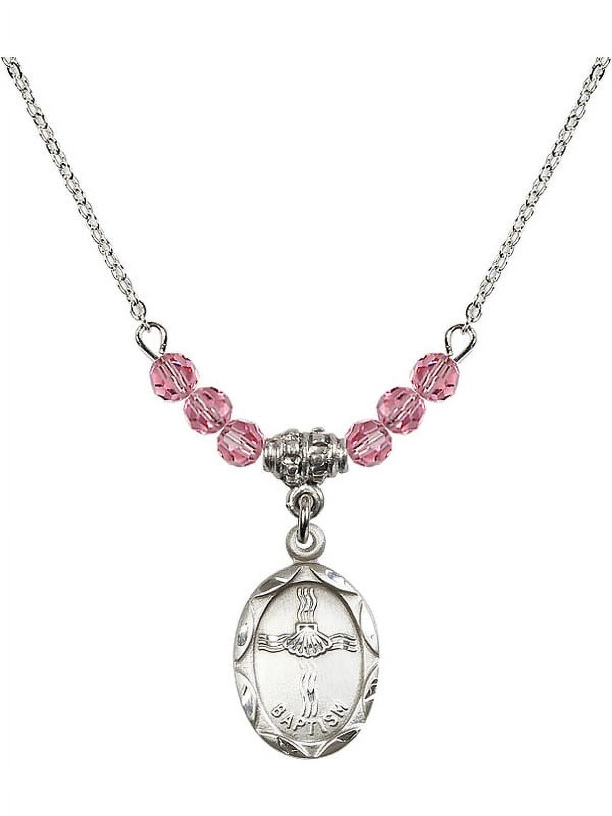 18-Inch Rhodium Plated Necklace with 4mm Rose Pink October Birth Month Stone Beads and Baptism Charm