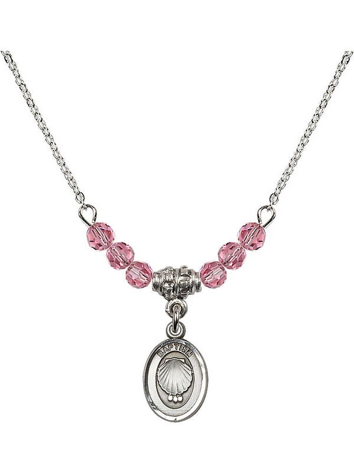 18-Inch Rhodium Plated Necklace with 4mm Rose Pink October Birth Month Stone Beads and Baptism Charm