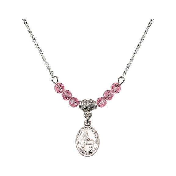 18-Inch Rhodium Plated Necklace with 4mm Rose Pink October Birth Month Stone Beads and Blessed Emilee Doultremont Charm