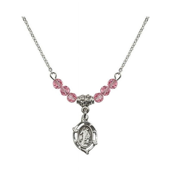 18-Inch Rhodium Plated Necklace with 4mm Rose Pink October Birth Month Stone Beads and Guardian Angel Charm