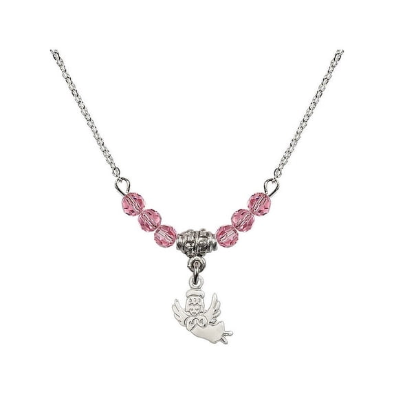 18-Inch Rhodium Plated Necklace with 4mm Rose Pink October Birth Month Stone Beads and Guardian Angel Charm