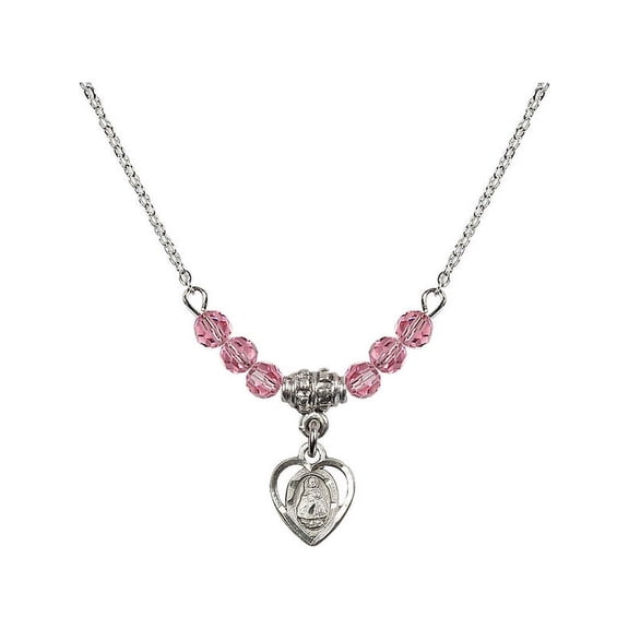 18-Inch Rhodium Plated Necklace with 4mm Rose Pink October Birth Month Stone Beads and Infant Charm