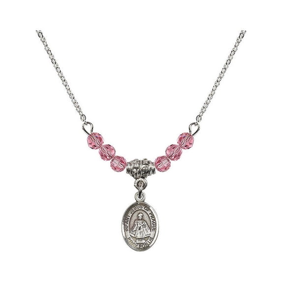 18-Inch Rhodium Plated Necklace with 4mm Rose Pink October Birth Month Stone Beads and Infant of Prague Charm