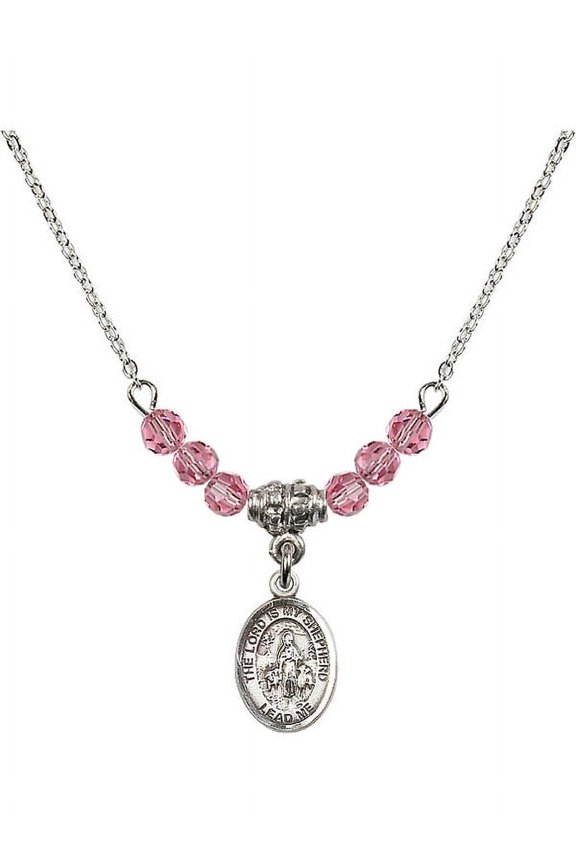 18-Inch Rhodium Plated Necklace with 4mm Rose Pink October Birth Month Stone Beads and Lord Is My Shepherd Charm
