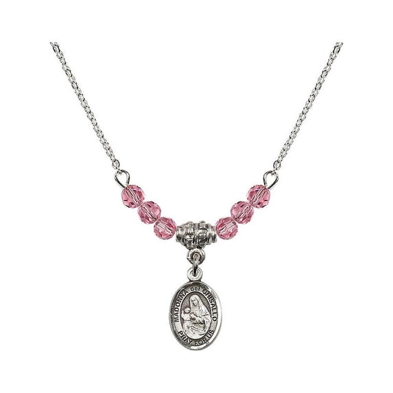 18-Inch Rhodium Plated Necklace with 4mm Rose Pink October Birth Month Stone Beads and Madonna del Ghisallo Charm