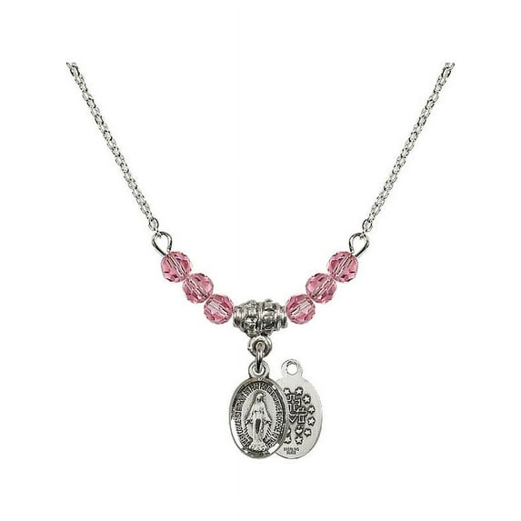 18-Inch Rhodium Plated Necklace with 4mm Rose Pink October Birth Month Stone Beads and Miraculous Charm