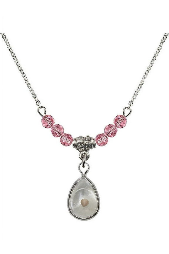 18-Inch Rhodium Plated Necklace with 4mm Rose Pink October Birth Month Stone Beads and Mustard Seed Charm