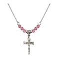 thumbnail image 1 of 18-Inch Rhodium Plated Necklace with 4mm Rose Pink October Birth Month Stone Beads and Nail Crucifix Charm, 1 of 1