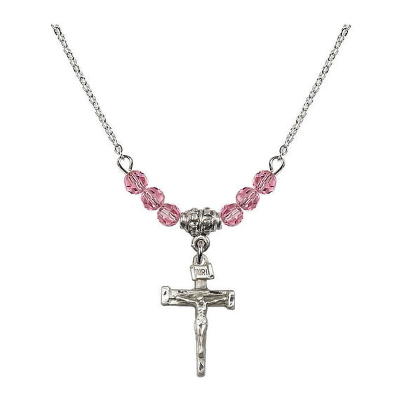18-Inch Rhodium Plated Necklace with 4mm Rose Pink October Birth Month Stone Beads and Nail Crucifix Charm