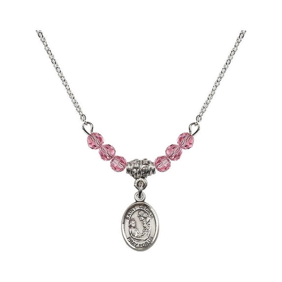 18-Inch Rhodium Plated Necklace with 4mm Rose Pink October Birth Month Stone Beads and Saint Cecilia Charm