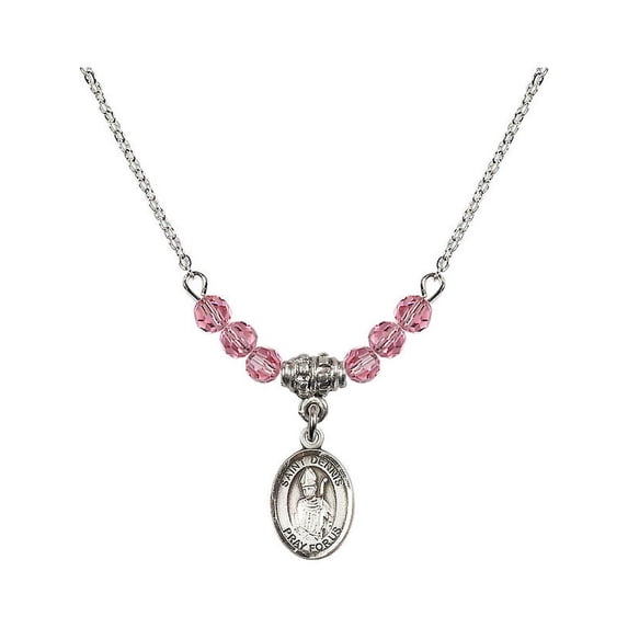 18-Inch Rhodium Plated Necklace with 4mm Rose Pink October Birth Month Stone Beads and Saint Dennis Charm
