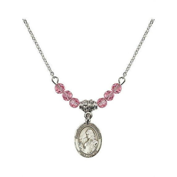 18-Inch Rhodium Plated Necklace with 4mm Rose Pink October Birth Month Stone Beads and Saint Finnian of Clonard Charm