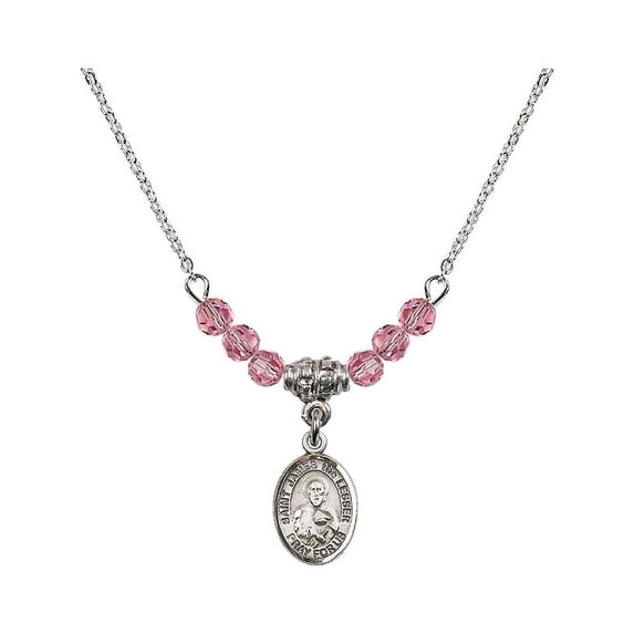 18-Inch Rhodium Plated Necklace with 4mm Rose Pink October Birth Month Stone Beads and Saint James the Lesser Charm