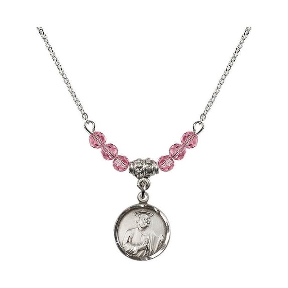 18-Inch Rhodium Plated Necklace with 4mm Rose Pink October Birth Month Stone Beads and Saint Jude Charm