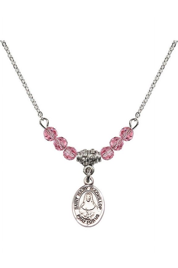 18-Inch Rhodium Plated Necklace with 4mm Rose Pink October Birth Month Stone Beads and Saint Mary Mackillop Charm