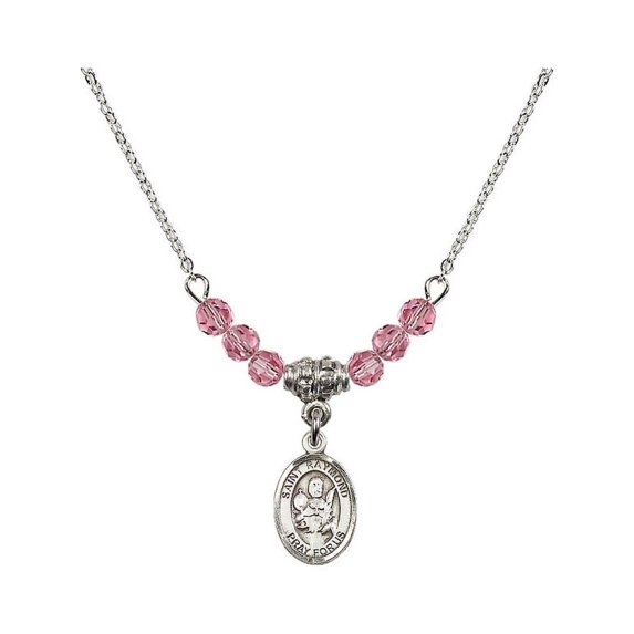 18-Inch Rhodium Plated Necklace with 4mm Rose Pink October Birth Month Stone Beads and Saint Raymond Nonnatus Charm