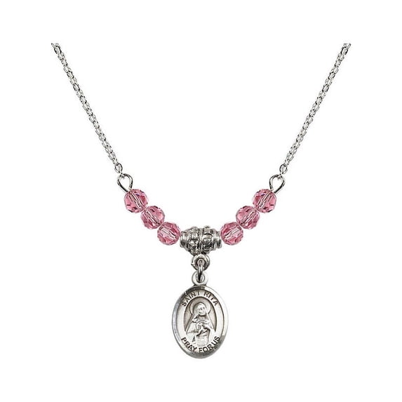 18-Inch Rhodium Plated Necklace with 4mm Rose Pink October Birth Month Stone Beads and Saint Rita / Baseball Charm